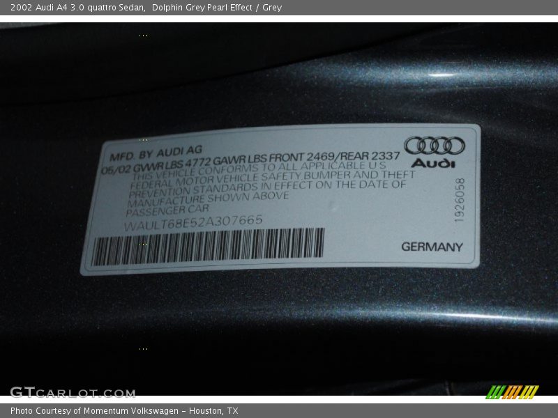 Dolphin Grey Pearl Effect / Grey 2002 Audi A4 3.0 quattro Sedan
