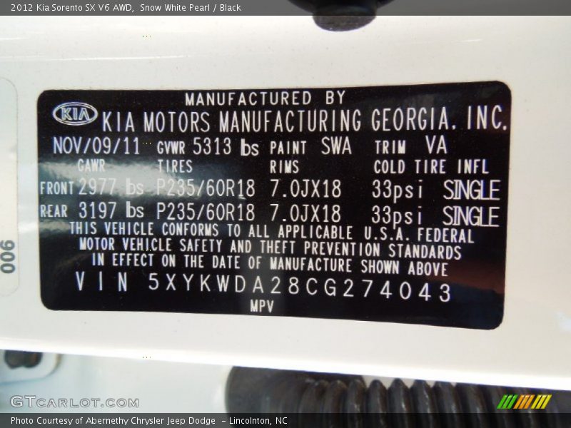 Snow White Pearl / Black 2012 Kia Sorento SX V6 AWD