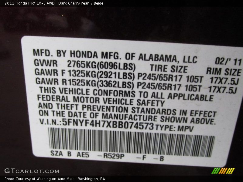 Dark Cherry Pearl / Beige 2011 Honda Pilot EX-L 4WD