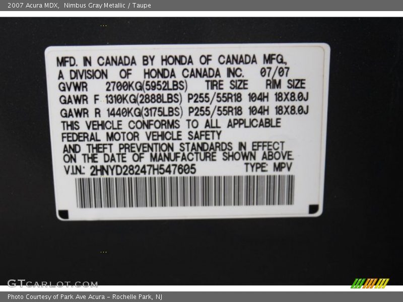 Nimbus Gray Metallic / Taupe 2007 Acura MDX