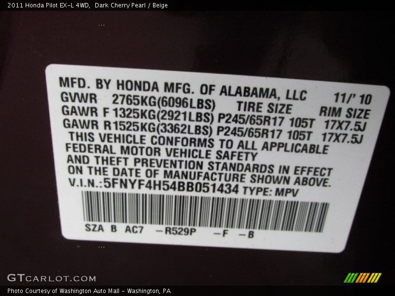 Dark Cherry Pearl / Beige 2011 Honda Pilot EX-L 4WD