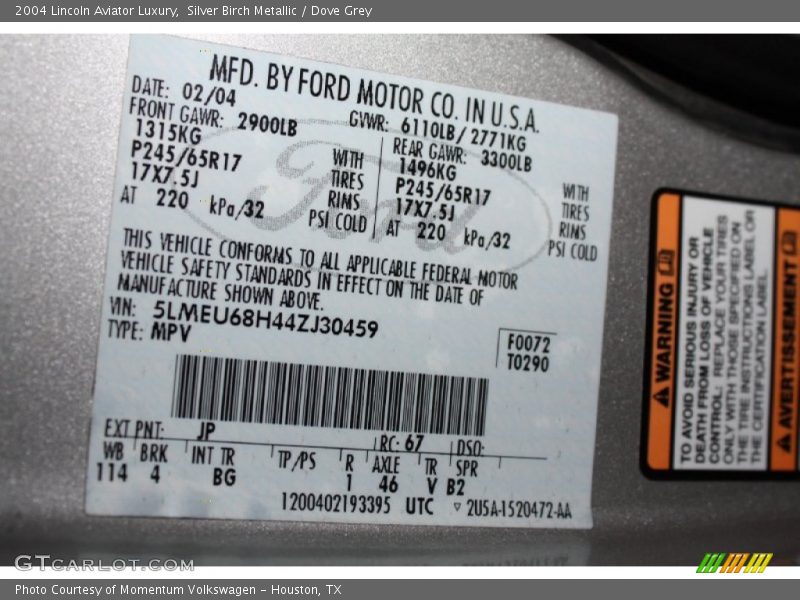 Silver Birch Metallic / Dove Grey 2004 Lincoln Aviator Luxury