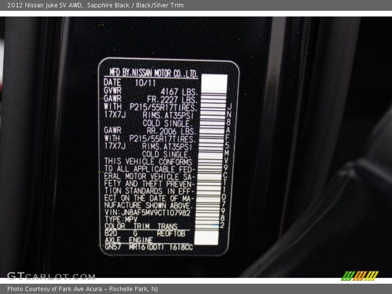 Sapphire Black / Black/Silver Trim 2012 Nissan Juke SV AWD