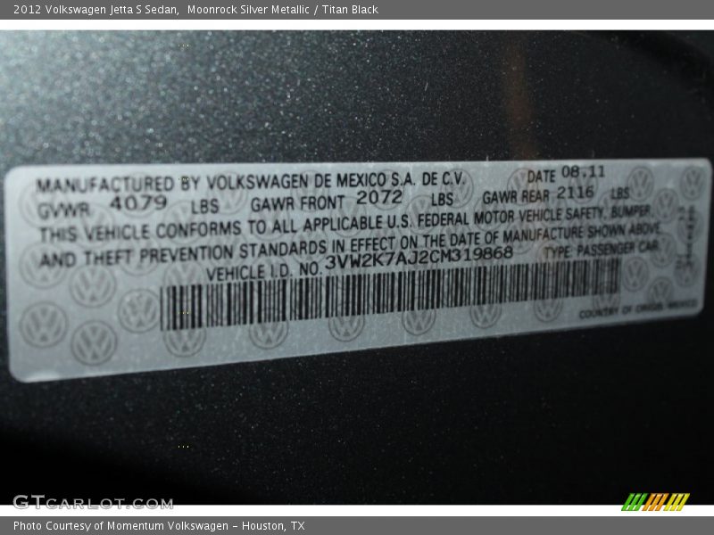 Moonrock Silver Metallic / Titan Black 2012 Volkswagen Jetta S Sedan
