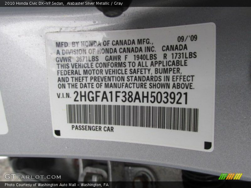 Alabaster Silver Metallic / Gray 2010 Honda Civic DX-VP Sedan