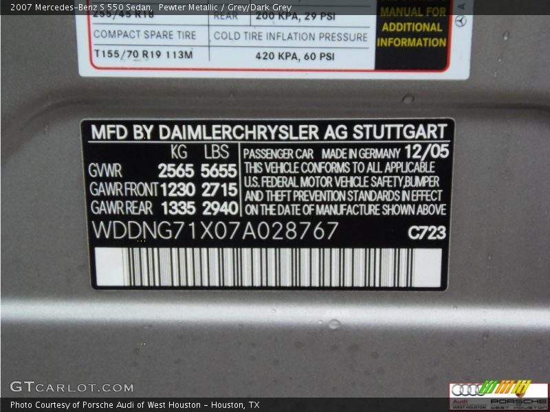 Pewter Metallic / Grey/Dark Grey 2007 Mercedes-Benz S 550 Sedan