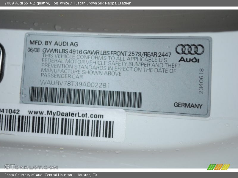 Ibis White / Tuscan Brown Silk Nappa Leather 2009 Audi S5 4.2 quattro