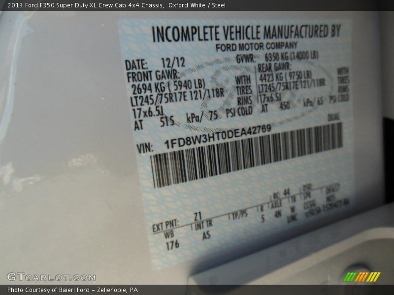 2013 F350 Super Duty XL Crew Cab 4x4 Chassis Oxford White Color Code Z1