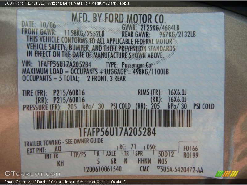 Arizona Beige Metallic / Medium/Dark Pebble 2007 Ford Taurus SEL