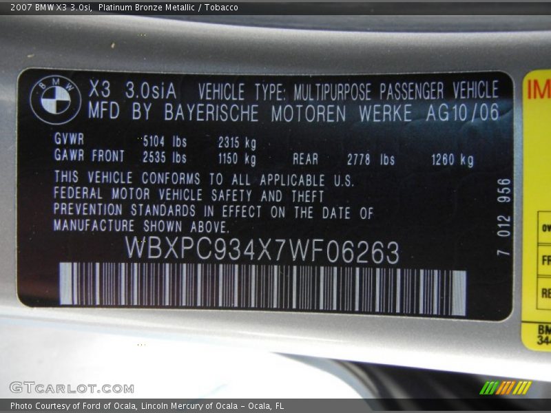 Platinum Bronze Metallic / Tobacco 2007 BMW X3 3.0si