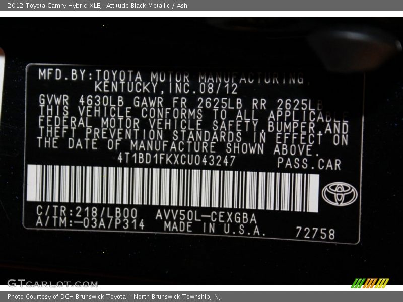 Attitude Black Metallic / Ash 2012 Toyota Camry Hybrid XLE