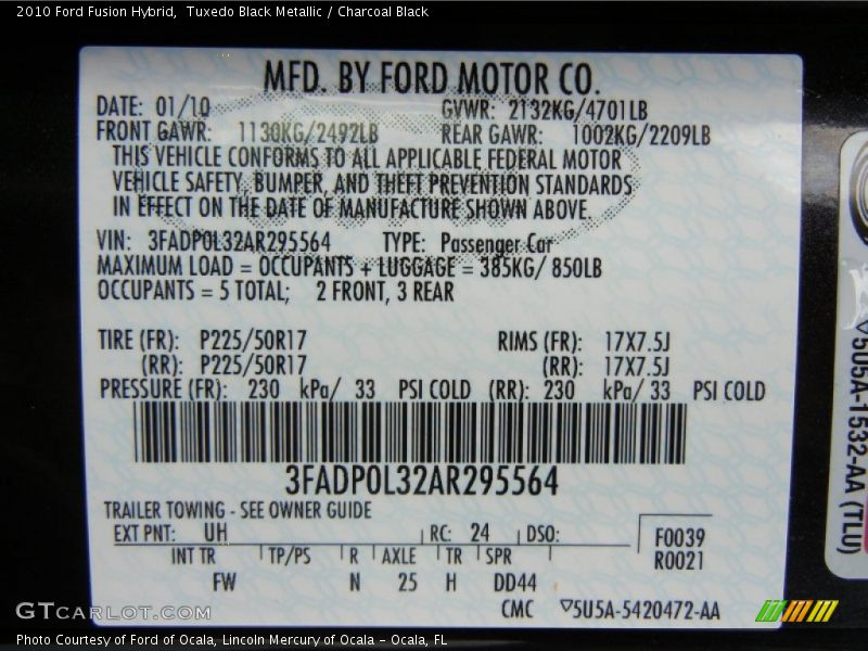 Tuxedo Black Metallic / Charcoal Black 2010 Ford Fusion Hybrid