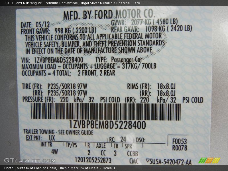 2013 Mustang V6 Premium Convertible Ingot Silver Metallic Color Code UX