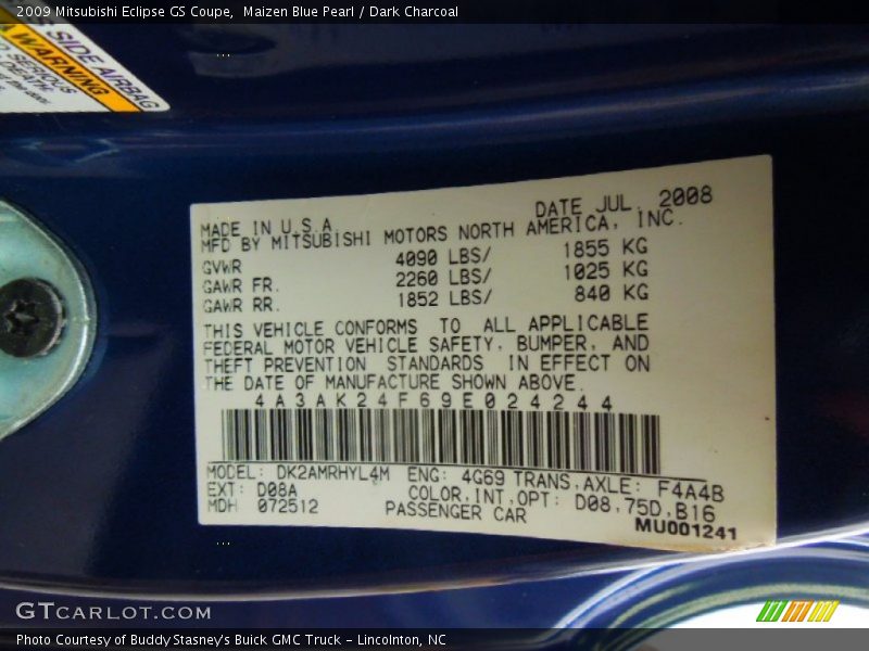Maizen Blue Pearl / Dark Charcoal 2009 Mitsubishi Eclipse GS Coupe