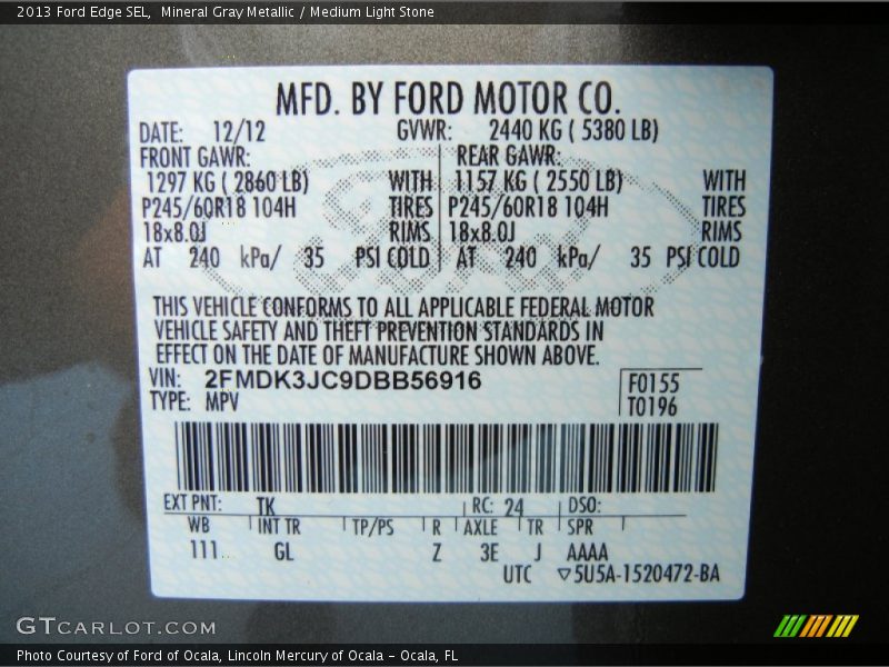 Mineral Gray Metallic / Medium Light Stone 2013 Ford Edge SEL