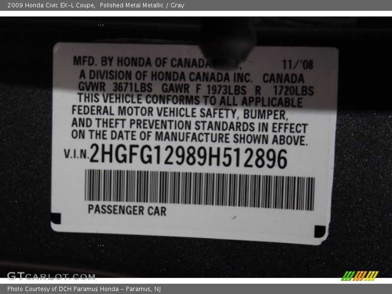 Polished Metal Metallic / Gray 2009 Honda Civic EX-L Coupe