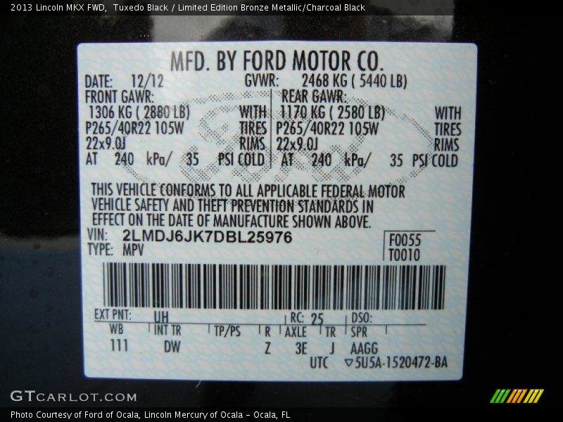 Tuxedo Black / Limited Edition Bronze Metallic/Charcoal Black 2013 Lincoln MKX FWD