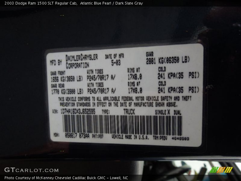 Atlantic Blue Pearl / Dark Slate Gray 2003 Dodge Ram 1500 SLT Regular Cab