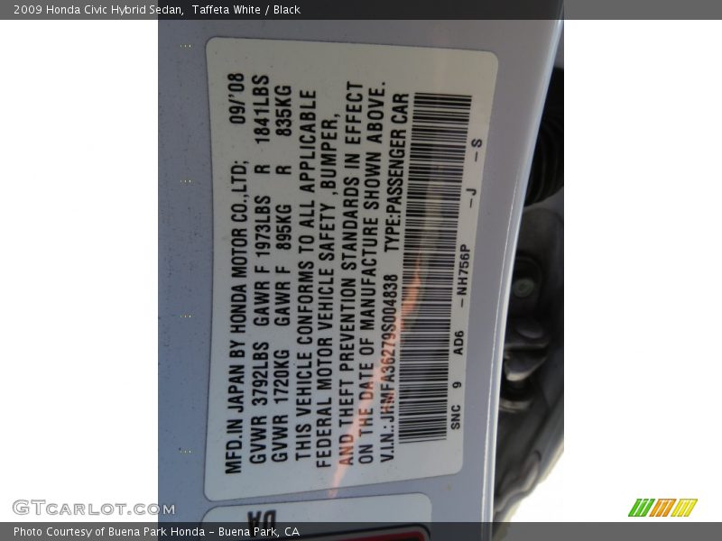 Taffeta White / Black 2009 Honda Civic Hybrid Sedan