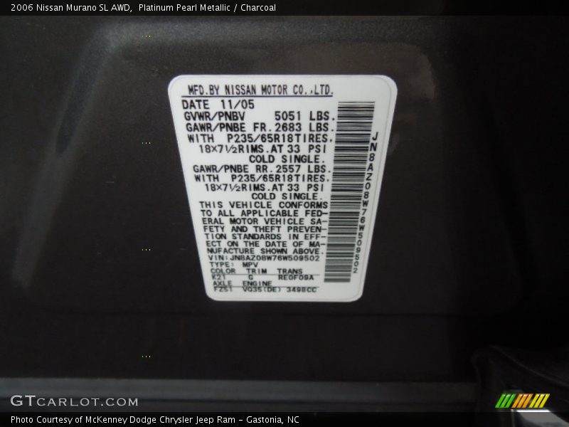 Platinum Pearl Metallic / Charcoal 2006 Nissan Murano SL AWD