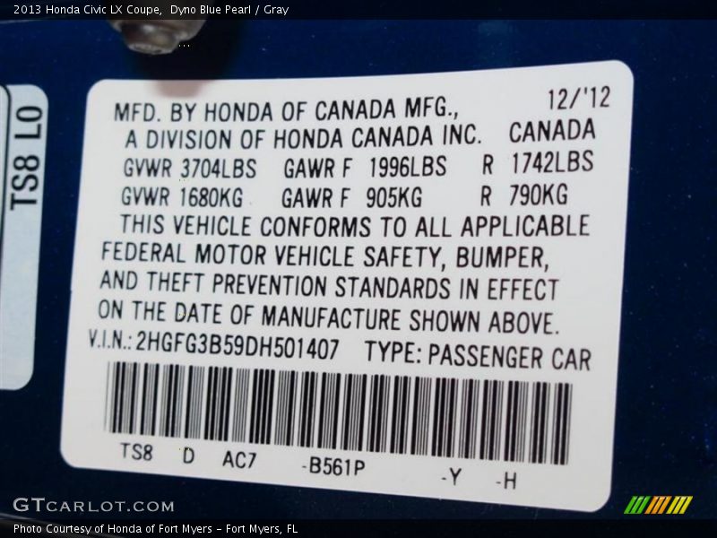 2013 Civic LX Coupe Dyno Blue Pearl Color Code B561P
