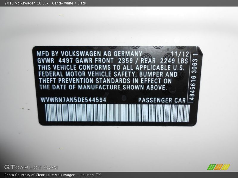 Candy White / Black 2013 Volkswagen CC Lux