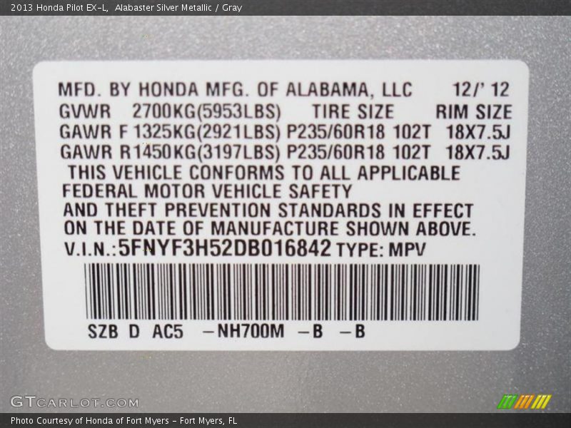 Alabaster Silver Metallic / Gray 2013 Honda Pilot EX-L