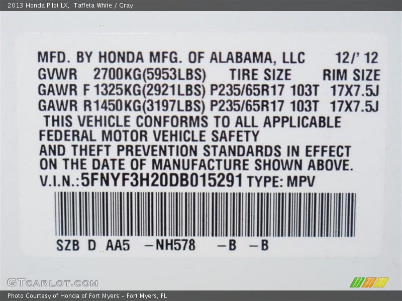 2013 Pilot LX Taffeta White Color Code NH578