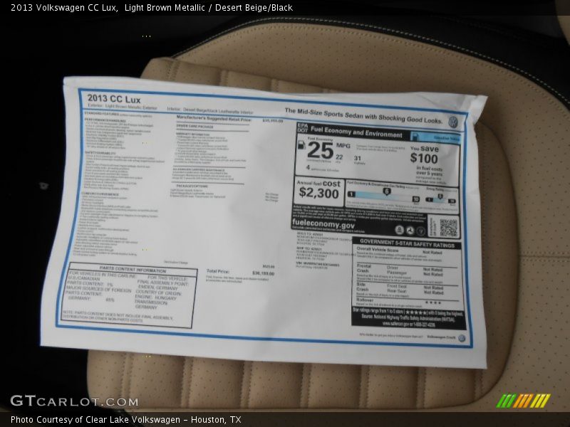 Light Brown Metallic / Desert Beige/Black 2013 Volkswagen CC Lux