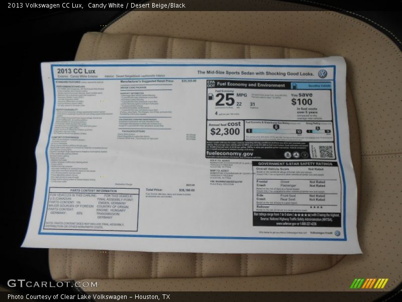 Candy White / Desert Beige/Black 2013 Volkswagen CC Lux