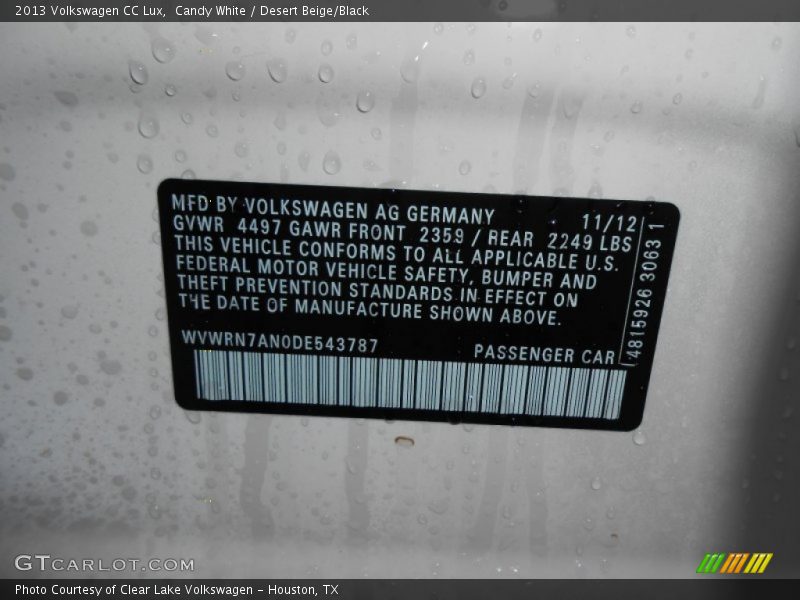 Candy White / Desert Beige/Black 2013 Volkswagen CC Lux