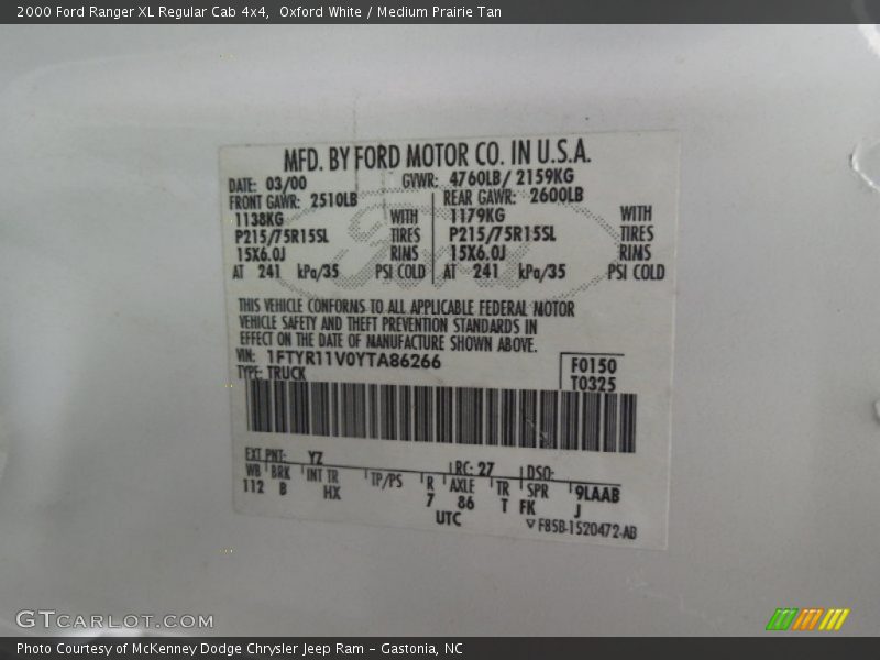 2000 Ranger XL Regular Cab 4x4 Oxford White Color Code YZ