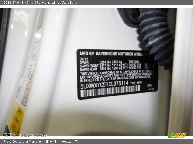 Alpine White / Sand Beige 2012 BMW X3 xDrive 35i