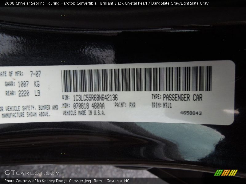Brilliant Black Crystal Pearl / Dark Slate Gray/Light Slate Gray 2008 Chrysler Sebring Touring Hardtop Convertible