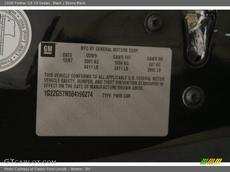 Black / Ebony Black 2008 Pontiac G6 V6 Sedan