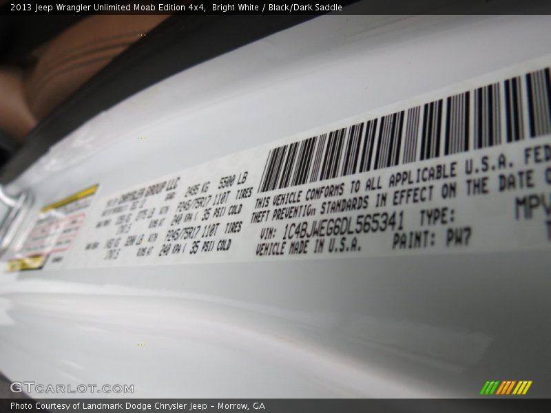 2013 Wrangler Unlimited Moab Edition 4x4 Bright White Color Code PW7