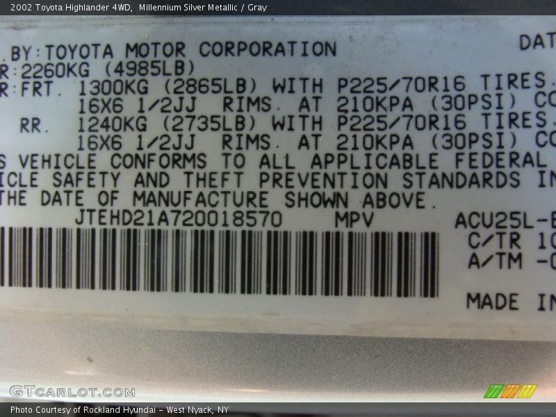 Millennium Silver Metallic / Gray 2002 Toyota Highlander 4WD