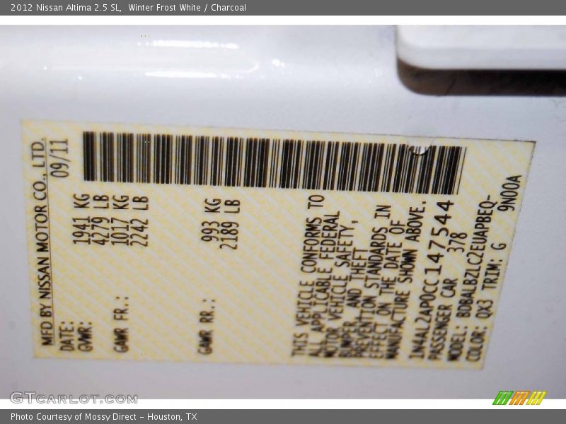 Winter Frost White / Charcoal 2012 Nissan Altima 2.5 SL