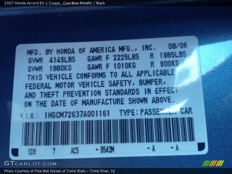 Cool Blue Metallic / Black 2007 Honda Accord EX-L Coupe