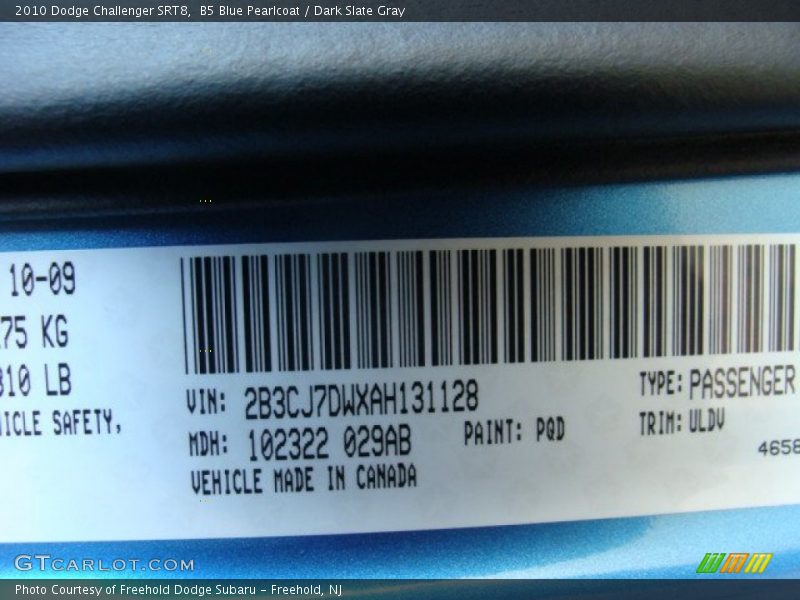 2010 Challenger SRT8 B5 Blue Pearlcoat Color Code PQD