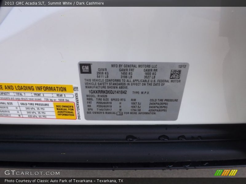 Summit White / Dark Cashmere 2013 GMC Acadia SLT