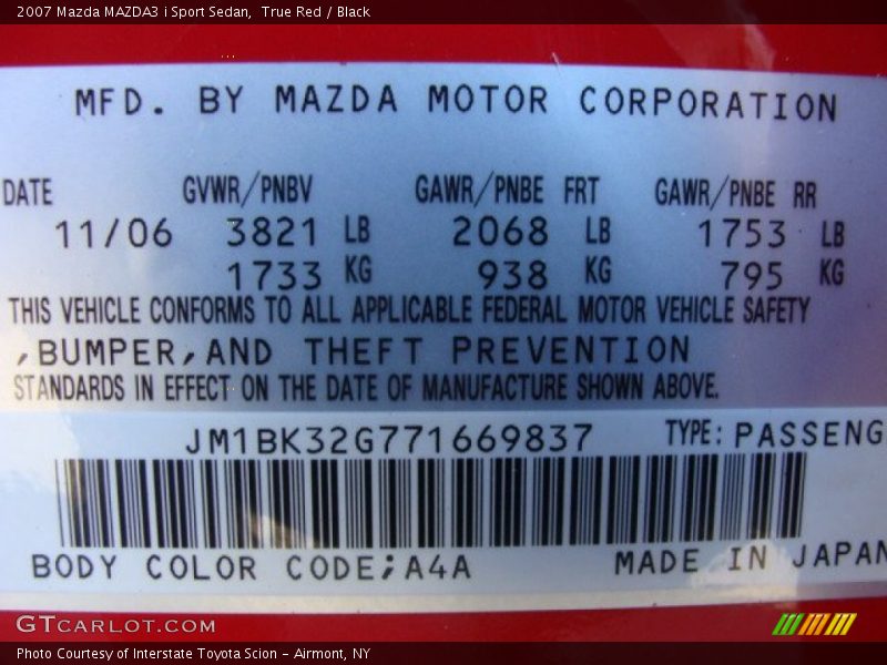 2007 MAZDA3 i Sport Sedan True Red Color Code A4A