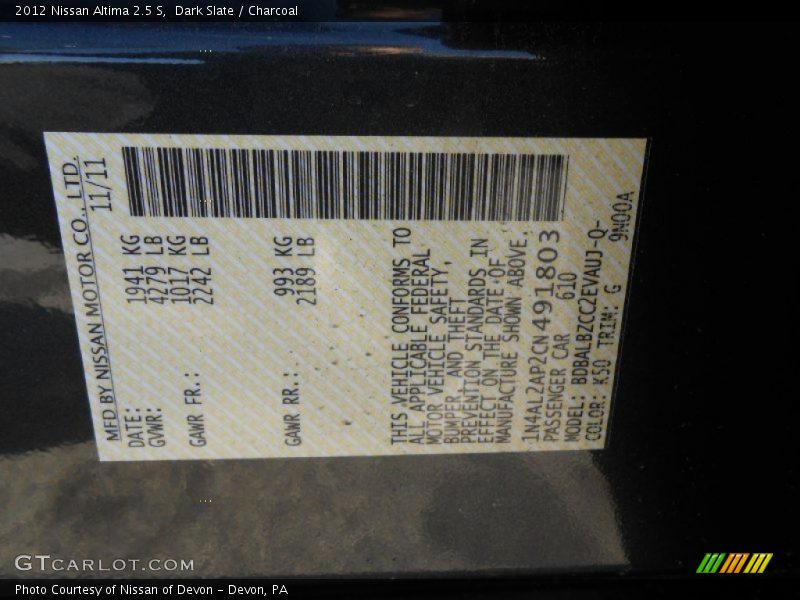 Dark Slate / Charcoal 2012 Nissan Altima 2.5 S