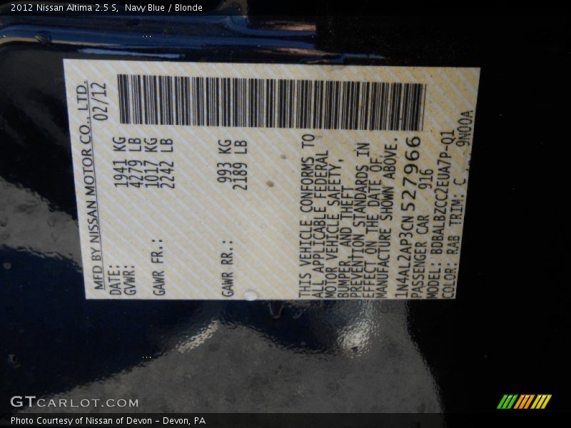 Navy Blue / Blonde 2012 Nissan Altima 2.5 S
