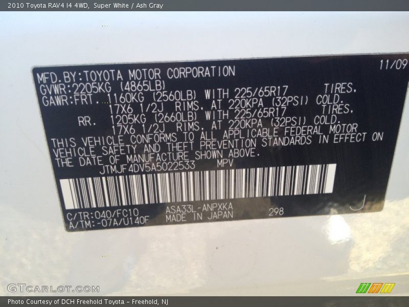 Super White / Ash Gray 2010 Toyota RAV4 I4 4WD