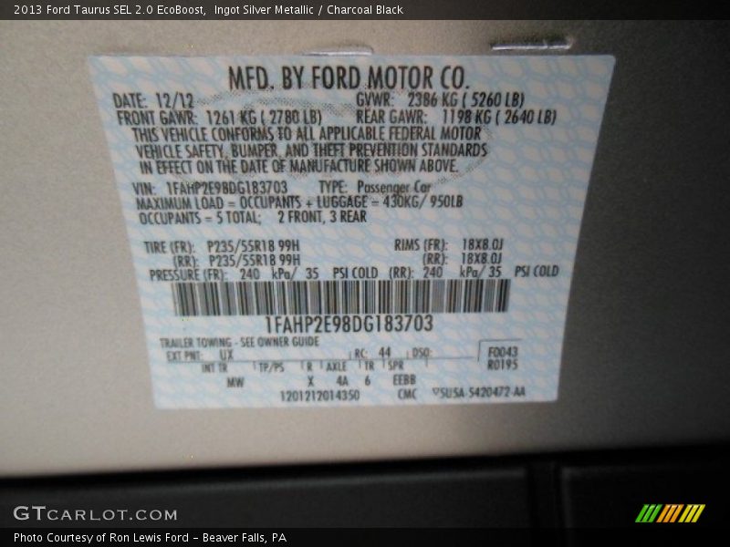 Ingot Silver Metallic / Charcoal Black 2013 Ford Taurus SEL 2.0 EcoBoost