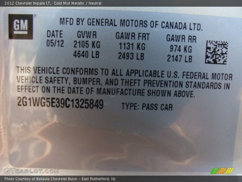 Gold Mist Metallic / Neutral 2012 Chevrolet Impala LT