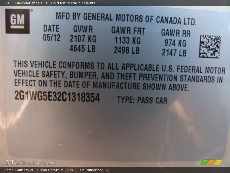 Gold Mist Metallic / Neutral 2012 Chevrolet Impala LT