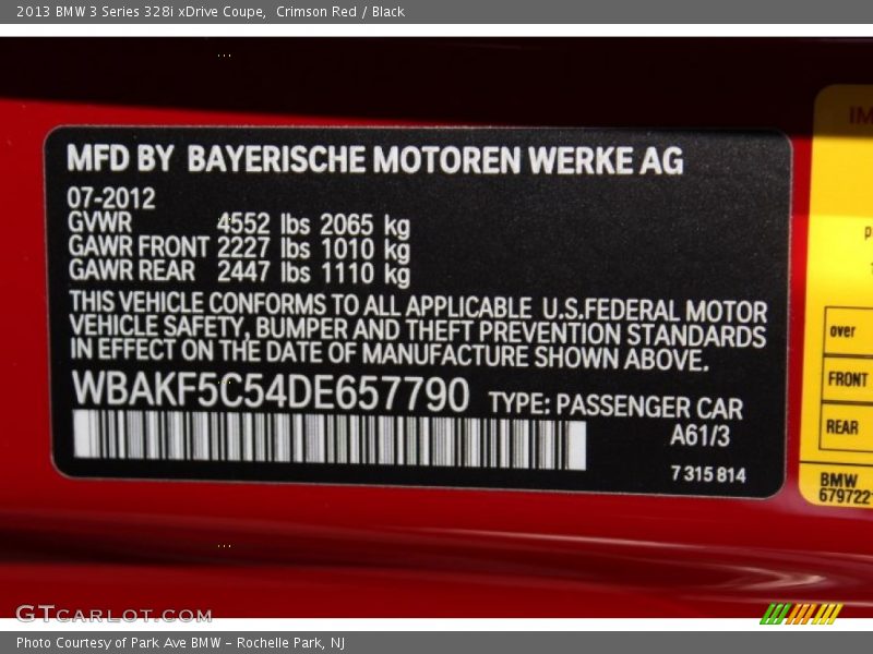 2013 3 Series 328i xDrive Coupe Crimson Red Color Code A61
