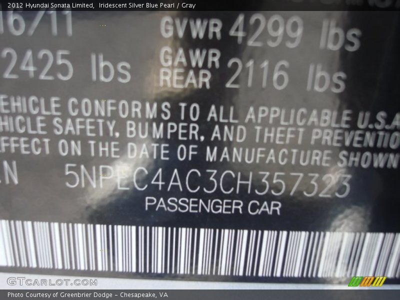 Iridescent Silver Blue Pearl / Gray 2012 Hyundai Sonata Limited